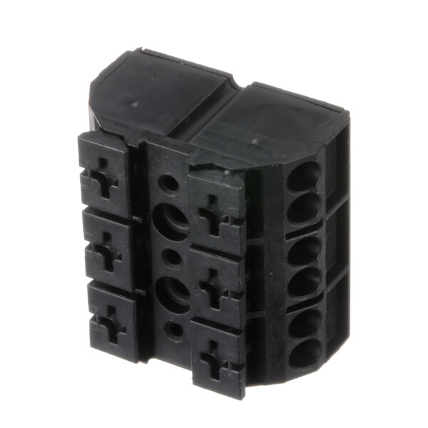 A black plastic Blodgett terminal block with 12 holes.