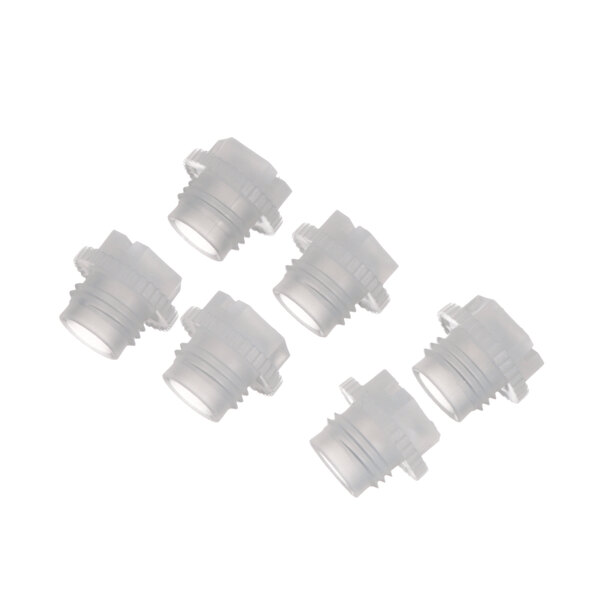 A set of six white plastic Perlick connectors.