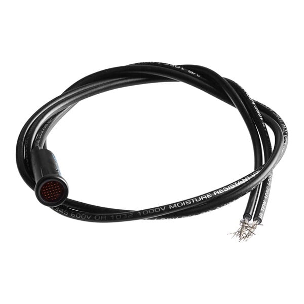 A black cable with a round end and an orange indicator light.