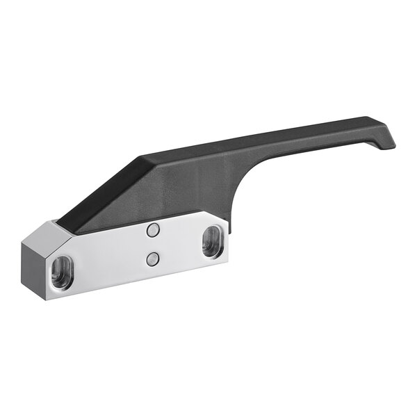 A black and silver Metro handle with holes and a white handle.