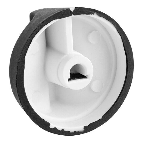 A white and black plastic knob with a white circle in the center.