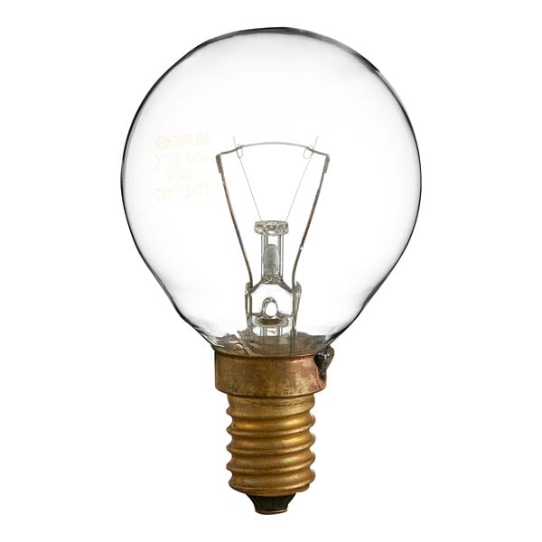 A Moffat light bulb with a gold base and a wire.