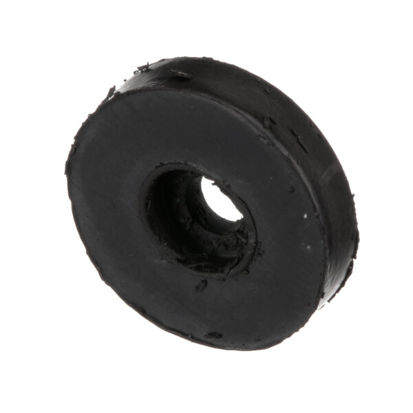 A black rubber wheel with a hole in it.