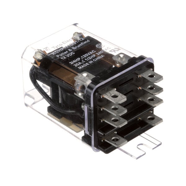 A close-up of a black Henny Penny ME90-003 relay with four wires.