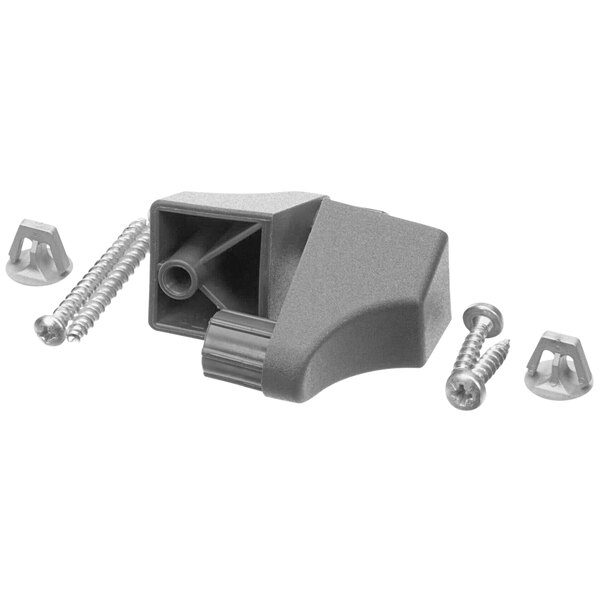 A grey plastic Cadco handle end with screws.