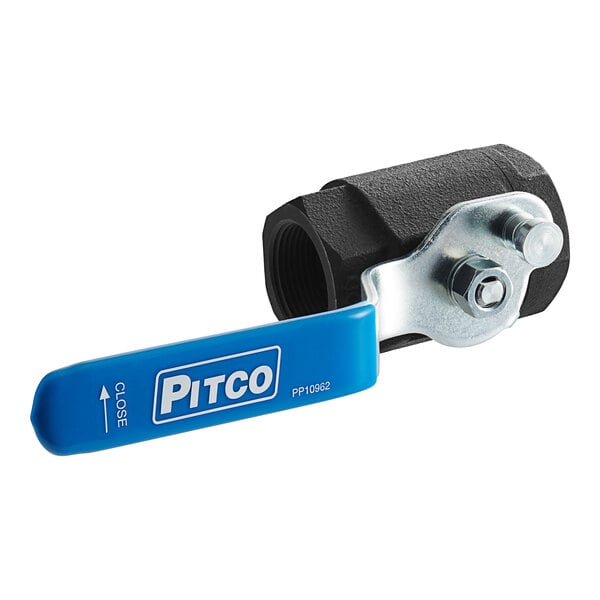 A Pitco blue and black ball valve with handle.