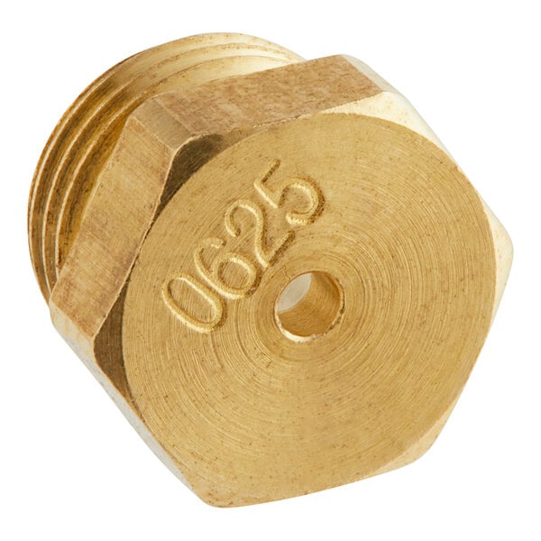 A close-up of a brass hexagonal nut with Pitco part number P6071309 carved on it.