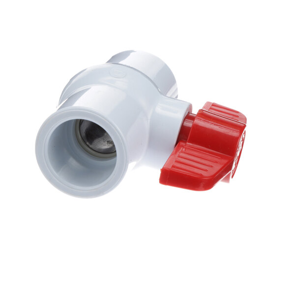 A white plastic Randell valve with a red handle.