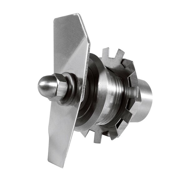 A Hamilton Beach stainless steel valve with a metal handle and nut.