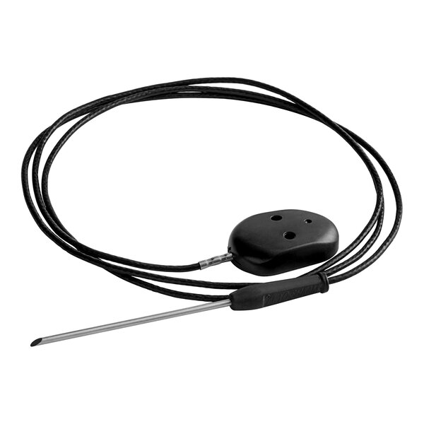 A black cable with a black handle and a small black button.