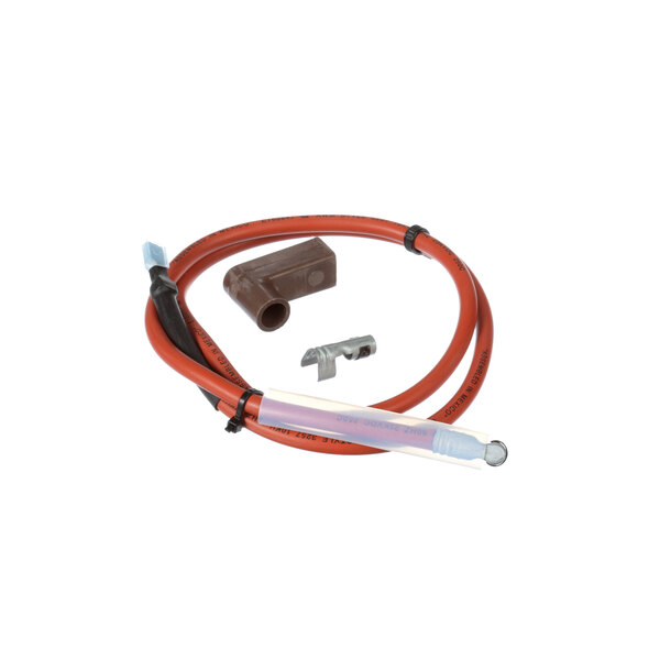 A red Hatco spark cable with a plastic tube connector.