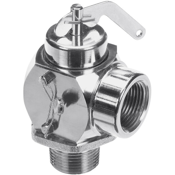 A stainless steel Hobart relief valve with a metal handle.