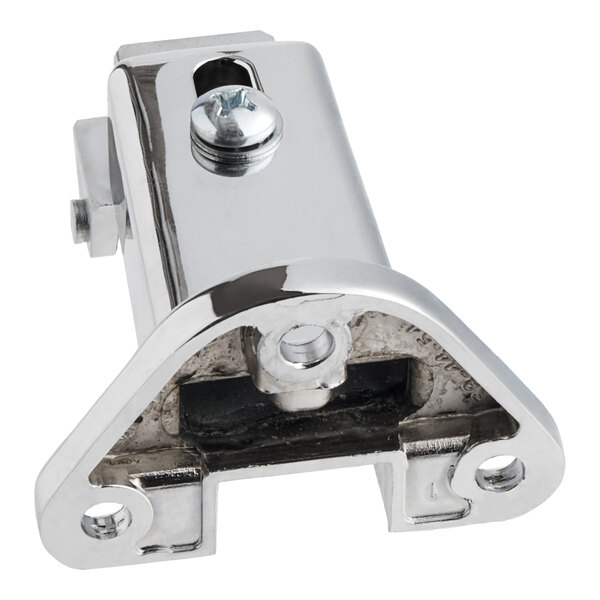 A metal roller strike component with a shiny finish and mounting holes.