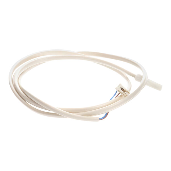 A white cable with a white connector and blue and white wires.