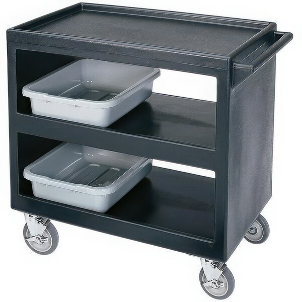 A black Cambro plastic utility cart with three shelves on wheels.