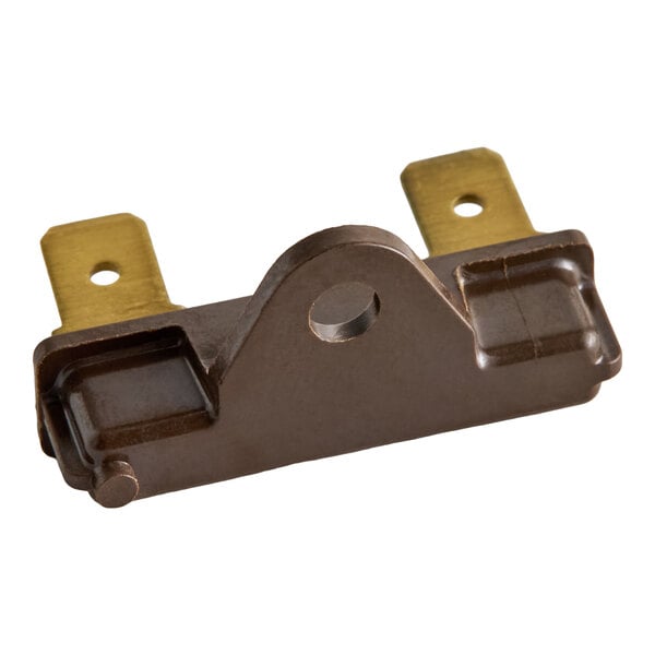A small brown component with two flat, gold-colored metal tabs and a central mounting hole.