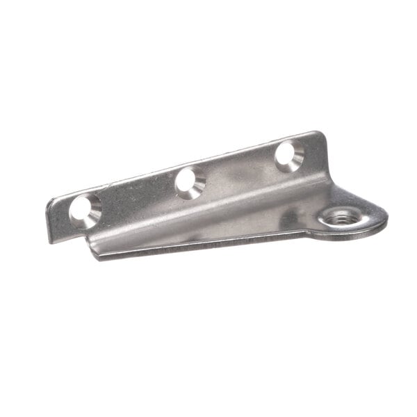 A stainless steel Master-Bilt hinge bracket with two holes.