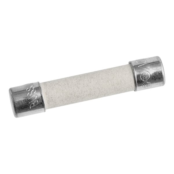 A cylindrical 10 amp fuse with metal end caps and a ceramic body.