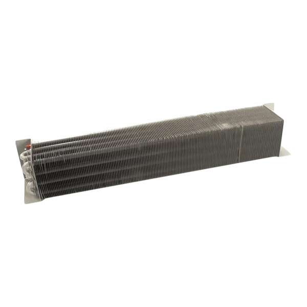 A rectangular metal component with closely spaced horizontal fins and coiled tubing at one end, likely part of a cooling or refrigeration system.