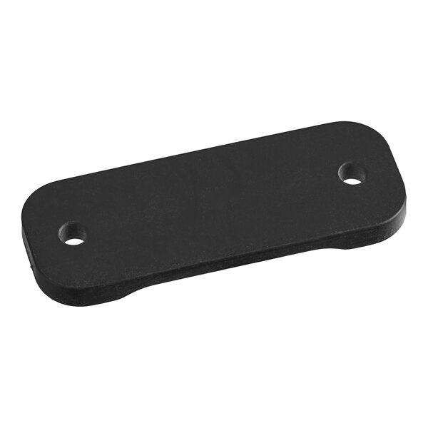 A black, rectangular plate with rounded corners and two holes, one near each end.