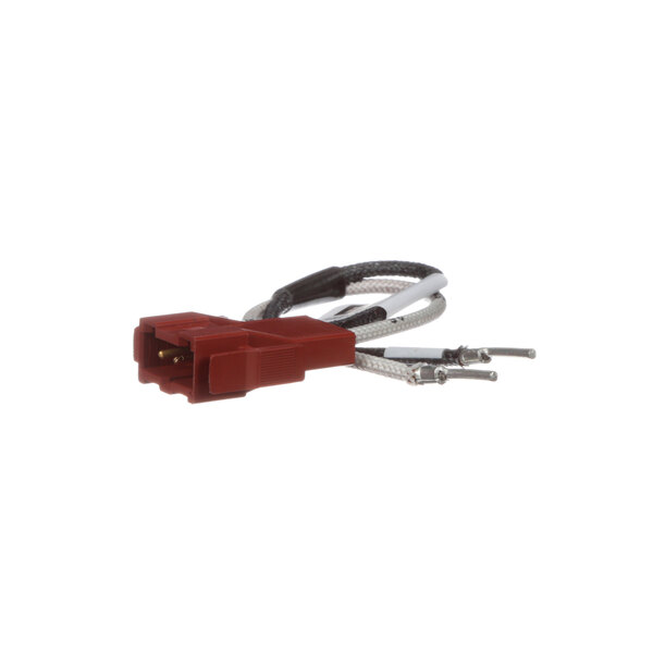 A red and black electrical wire with a red connector on it.