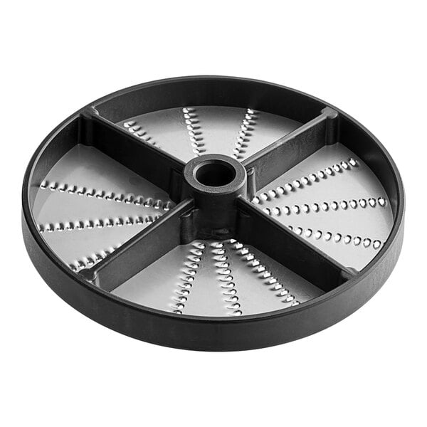A circular black and silver Hobart grater / shredder plate with holes.