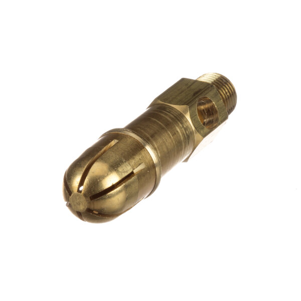 A close-up of a brass threaded pipe fitting for a Groen steam equipment part.