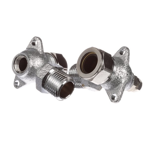 Two Groen metal pipe fittings, one on top of the other.