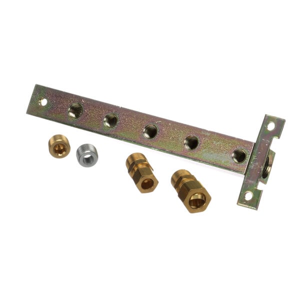 A metal bar with screws and nuts.
