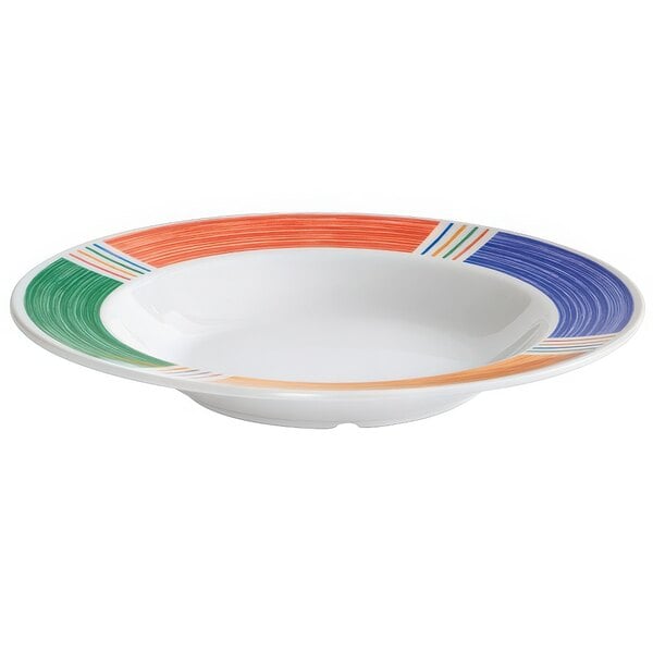 A white melamine bowl with colorful diamond stripes.