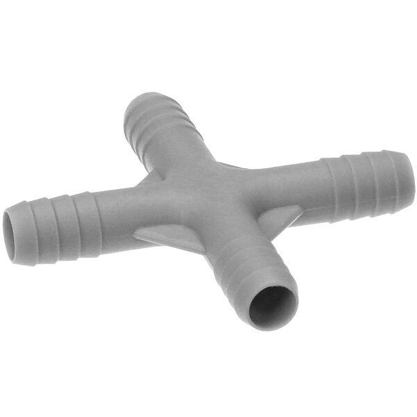 A Fagor Commercial Union, a grey plastic cross shaped pipe connector with two holes.