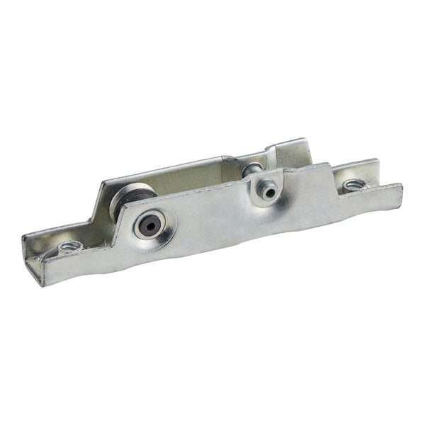 A metal bracket with two holes and two bolts.