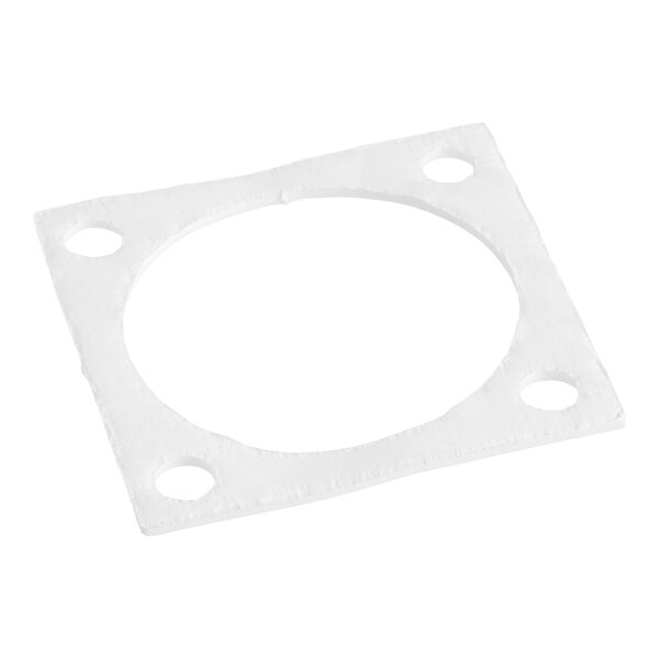 A square white heater gasket with a large central hole and four smaller holes at the corners.