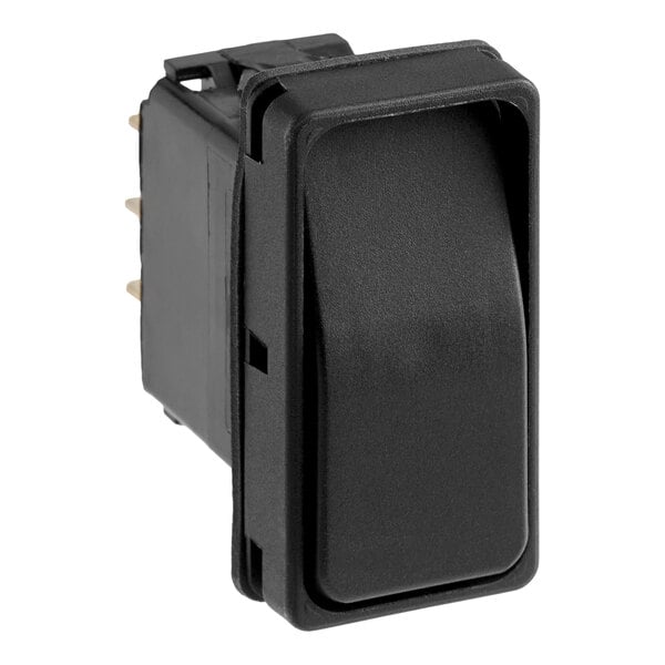 A black rectangular rocker switch with metal prongs on the back.
