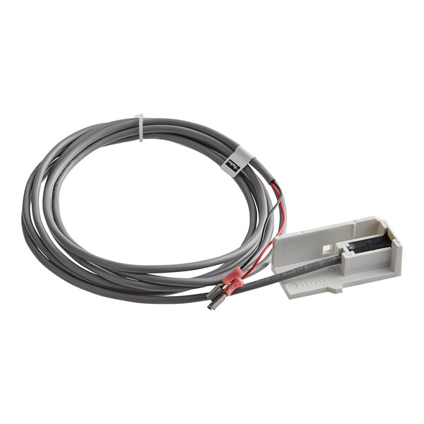 A grey cable with a white plastic holder and a red and white connector.