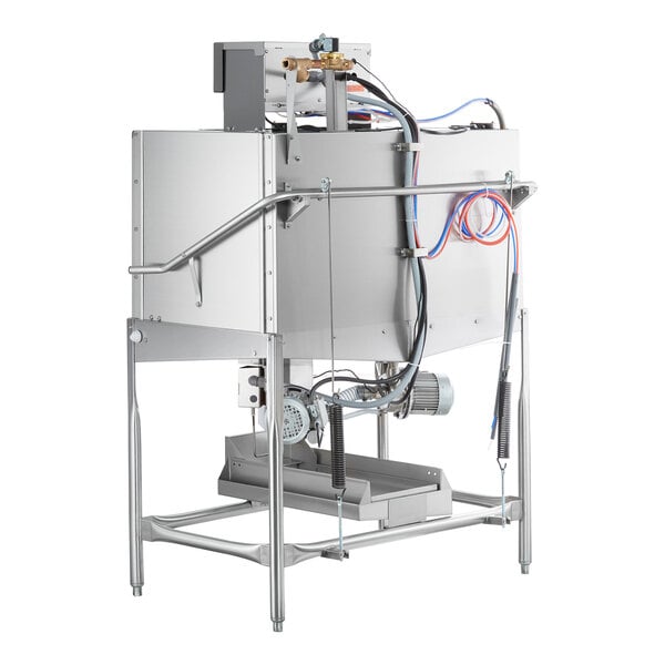 A commercial double rack low temperature dishwasher with a stainless steel frame and visible wiring and hoses.