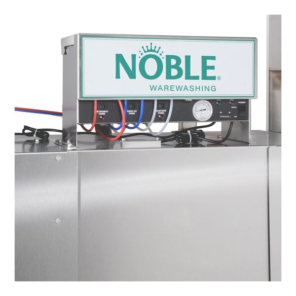 A commercial Noble Warewashing II double rack low temperature dishwasher with a stainless steel exterior and control panel.