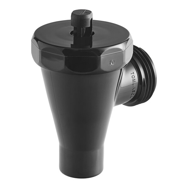 A Bunn black plastic water valve with a black handle.