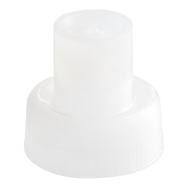 A white plastic cap with a nozzle on a white background.