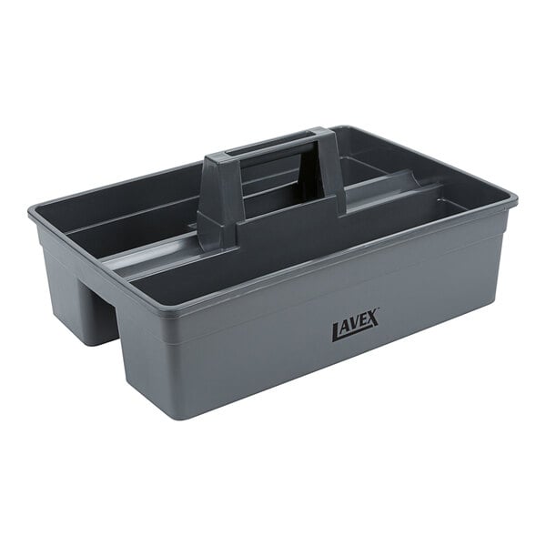 A gray plastic Lavex cleaning caddy with a handle.