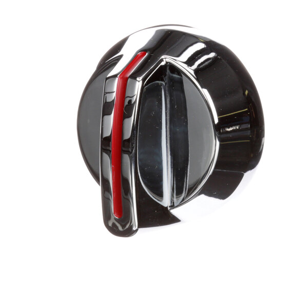 A close-up of a chrome Southbend knob with red and black buttons.
