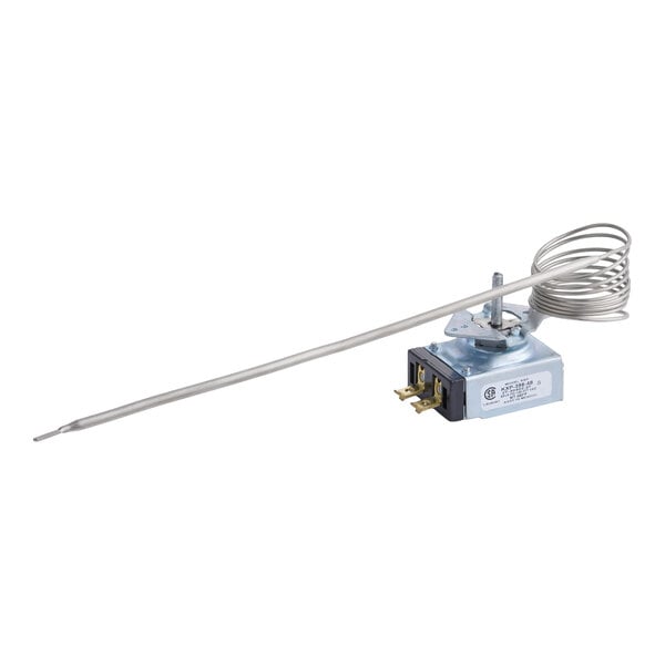 A metal thermostat component with a long, coiled sensor tube and electrical connectors.