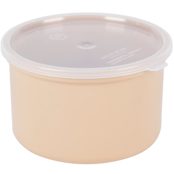 A beige Carlisle plastic crock with a white lid.