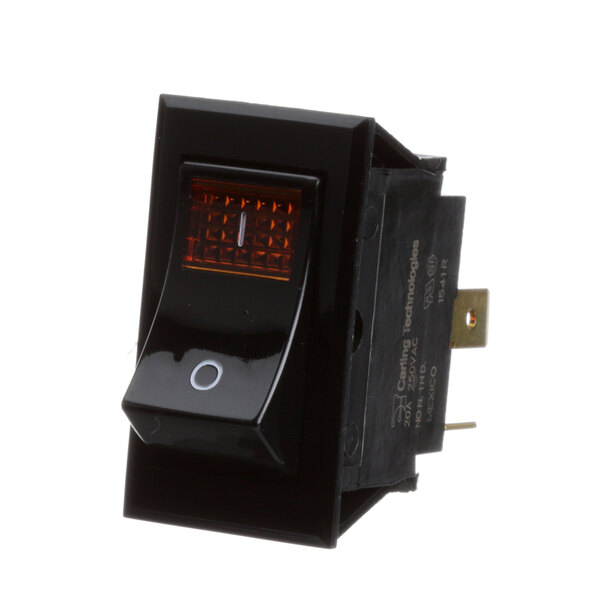 A black APW Wyott rocker switch with a light on.