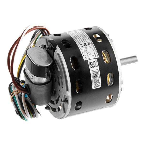 A small black electric motor with wires on a white background.