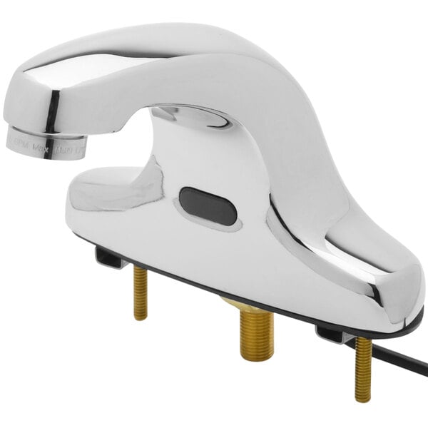 A silver Equip by T&S deck mounted bathroom faucet with a black cord.