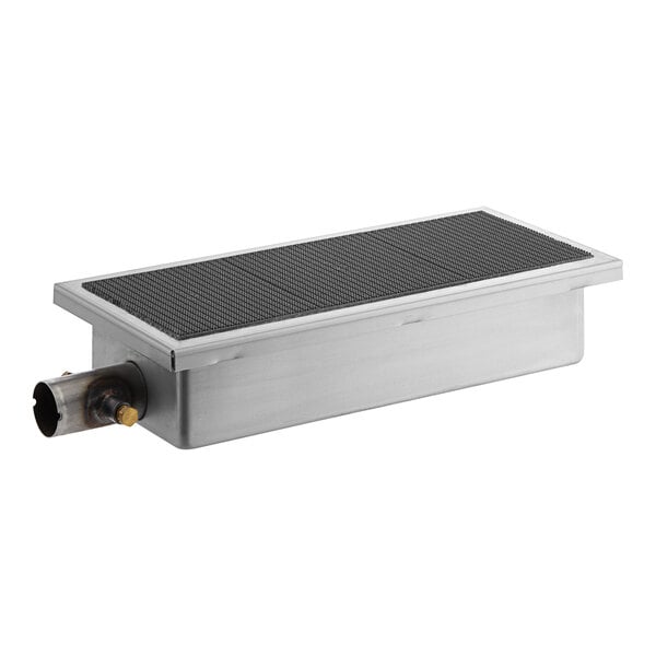 A metal rectangular Frymaster burner with a black surface.