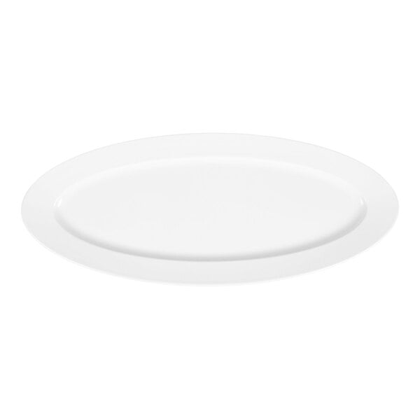 A plain, white, oval-shaped platter with a slightly raised rim.