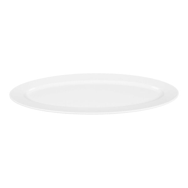 A plain, white, oval-shaped platter with a slightly raised rim.