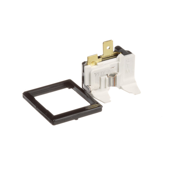 A small black and white switch plate with a black square frame.